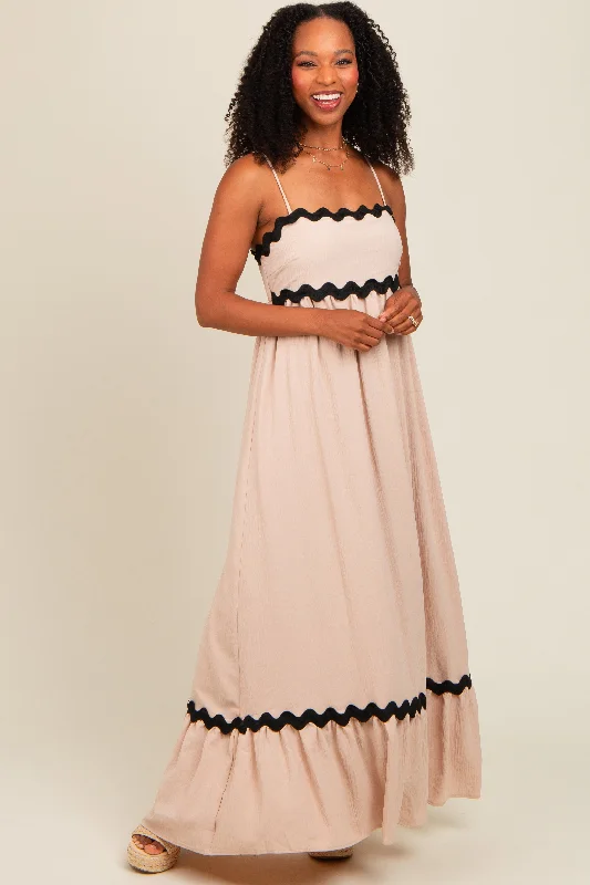 Taupe Sleeveless ZigZag Accent Maxi Dress Cozy Maxi Dress with Slit