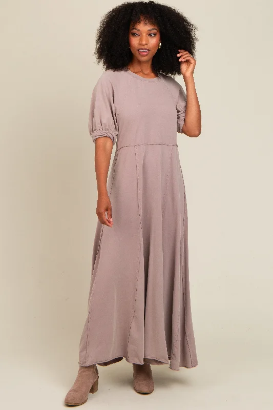 Taupe Vintage Wash Puff Sleeve Maxi Dress Elegant Wraparound Maxi Dress