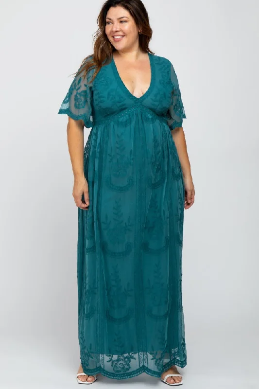 Teal Lace Mesh Overlay Plus Maxi Dress Fashionable Open-Back Maxi Dress