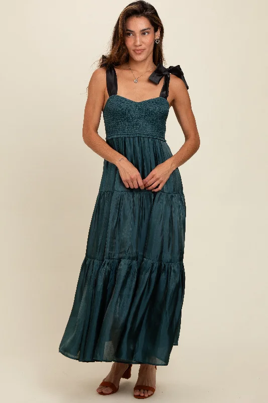 Teal Tiered Satin Tie-Strap Maxi Dress Fashionable Chiffon Tiered Maxi Dress