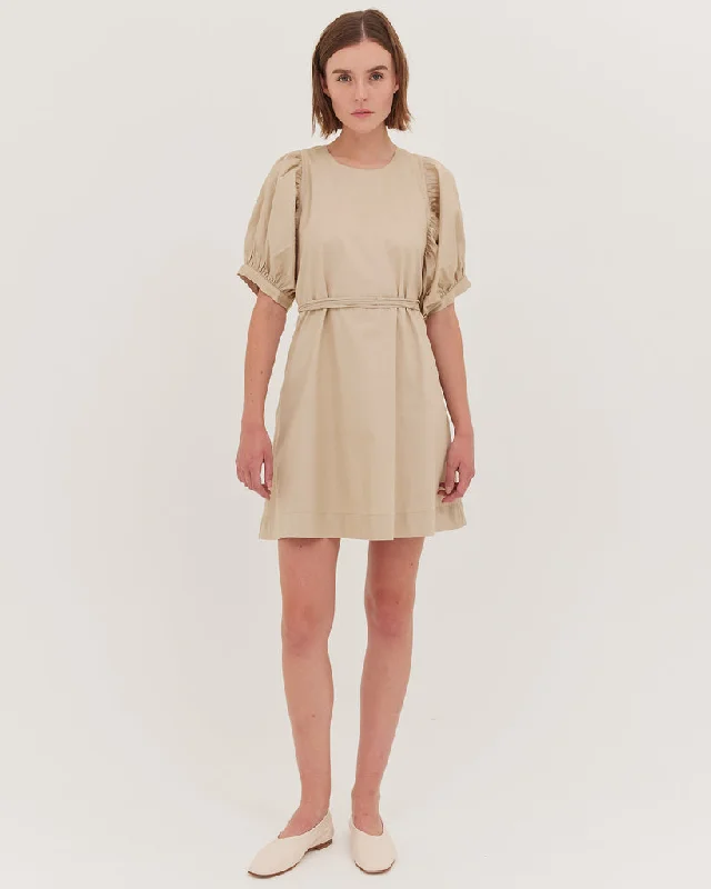 The Puff Sleeve Mini Dress - Beige Elegant Satin Lace Mini Dress