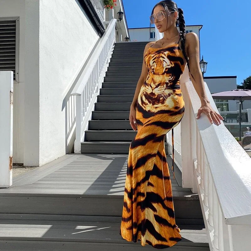 Tiger Printed Bodycon Sleeveless Maxi Dress Cozy Spaghetti Strap Maxi Dress