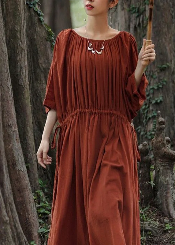 Unique Red O-Neck Drawstring Maxi Dresses Half Sleeve GH1071 Elegant Lace-Up Maxi Dress