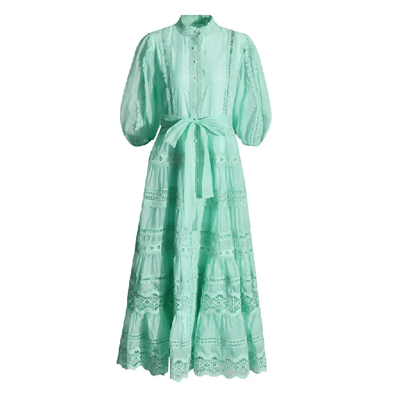 Victorian Mock Neck Blouson Sleeve Belted Guipure Lace Tiered Maxi Dress Classic Solid Maxi Dress