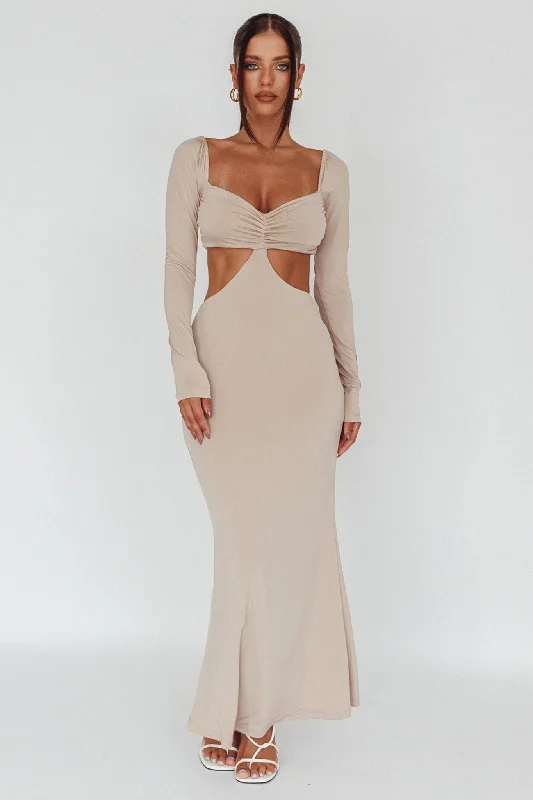 Vienna Long Sleeve Cut-Out Waist Maxi Dress Oat Fashionable Halter Neck Maxi Dress