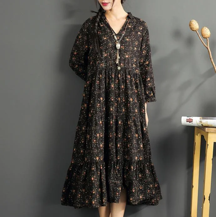 vintage black linen maxi dress casual prints cotton maxi dress casual v neck traveling clothing Stylish Longline Maxi Dress