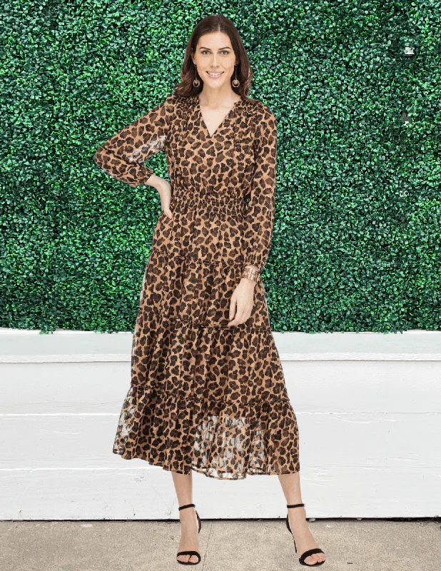 Long Sleeve Cheetah Maxi Dress Trendy Maxi Dress with Lace