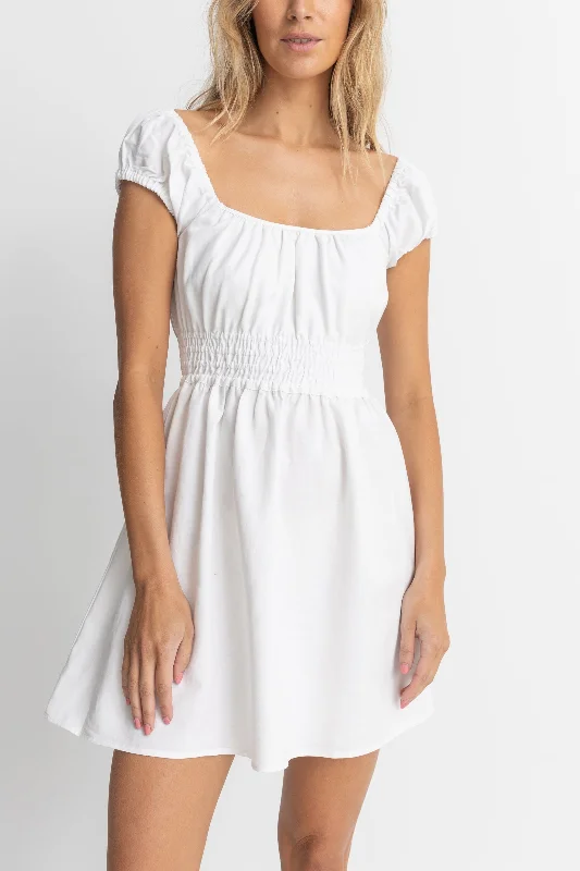 Washed Out Cap Sleeve Mini Dress White Trendy Mini Dress with Belt