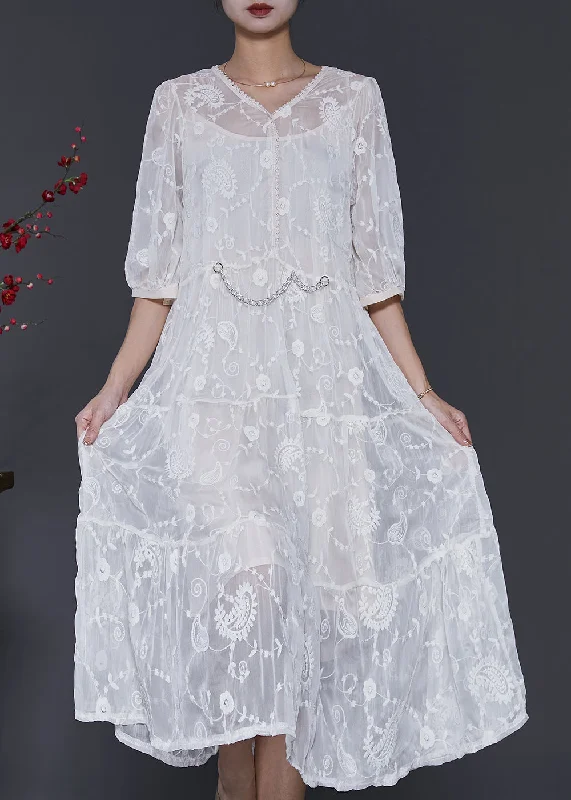 White Silk Maxi Dress V Neck Embroidered Half Sleeve SD1073 Comfortable T-Shirt Maxi Dress