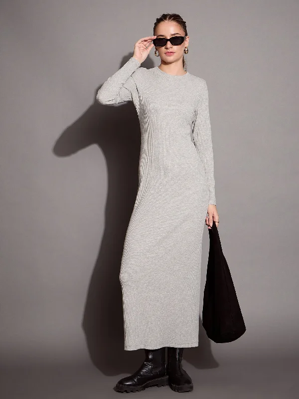 Women Grey Melange Ribbed Bodycon Maxi Dress Fashionable Off-Shoulder Maxi Dress