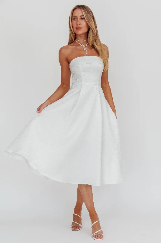 Worship Strapless A-Line Midi Dress White Trendy Shift Midi Dress