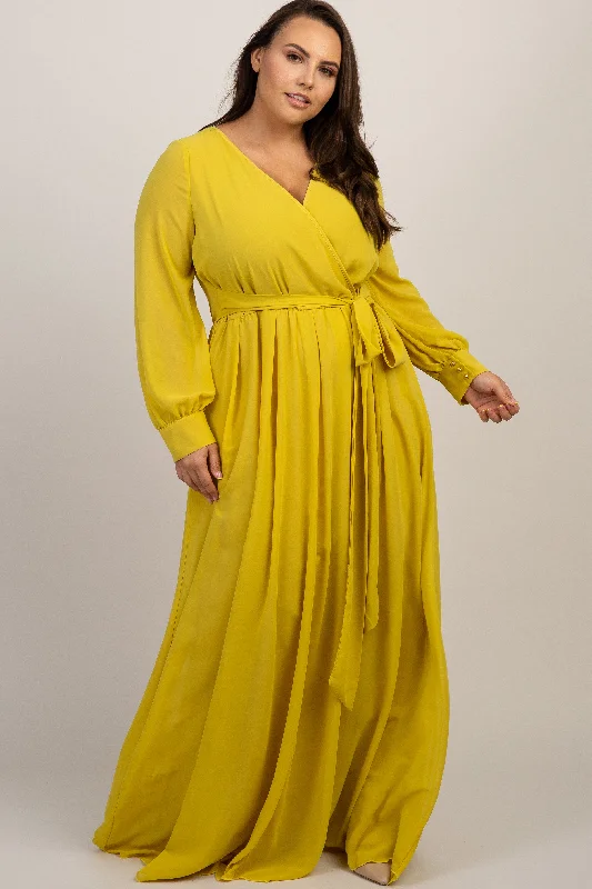 Yellow Chiffon Long Sleeve Plus Maxi Dress Chic Boho Print Maxi Dress