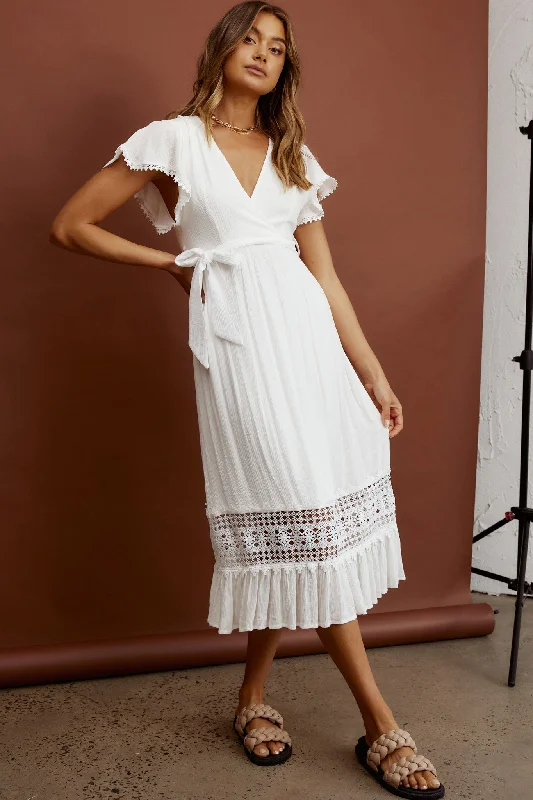 Zephyr Waist Tie Midi Dress White Stylish Off-Shoulder Ruffle Dress