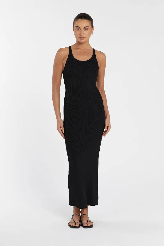 ZION BLACK KNIT MIDI DRESS Elegant Velvet Midi Dress