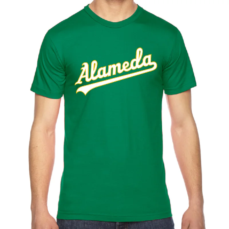 ALAMEDA SCRIPT UNISEX TEE V-Neck T-Shirt Long Sleeve Cotton