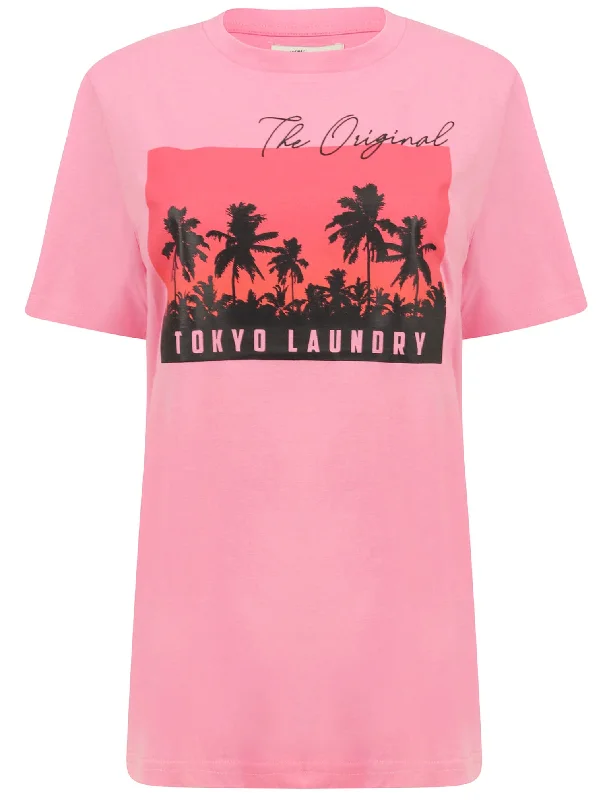 Alaro Sunset Motif Cotton Crew Neck T-Shirt in Rosebloom - Tokyo Laundry Machine Wash Dry Clean Hand Wash