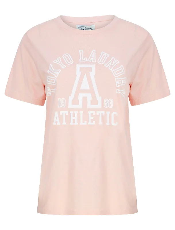 Athletic  Motif Cotton Jersey T-Shirt in Peach - Tokyo Laundry Hooded Caped Shawl Collar