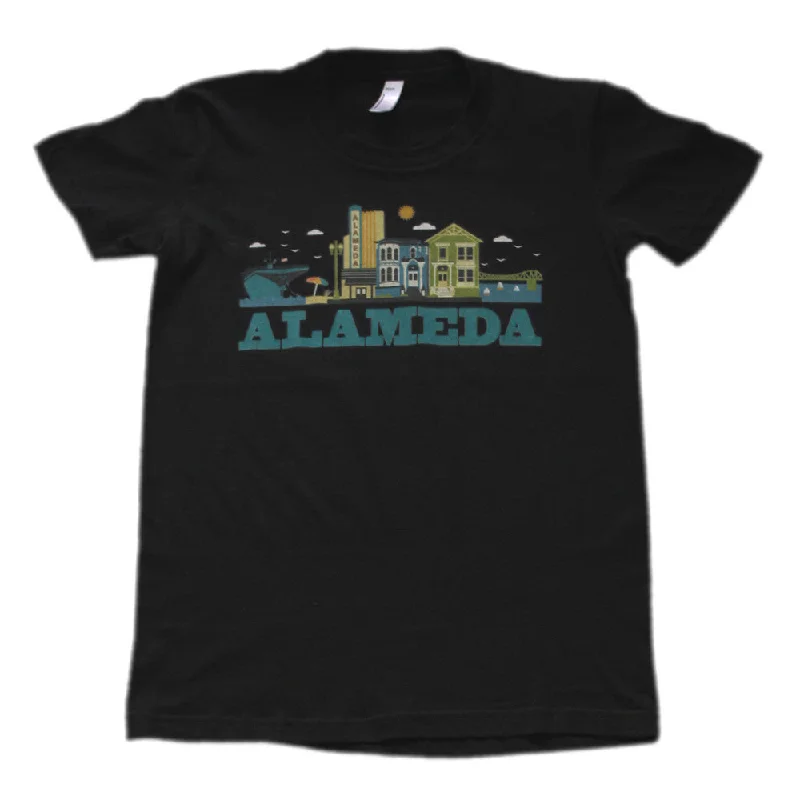 ALAMEDA CITYSCAPE WOMENS TEAL SCRIPT COTTON SHORT SLEEVE TEE Hooded Caped Shawl Collar