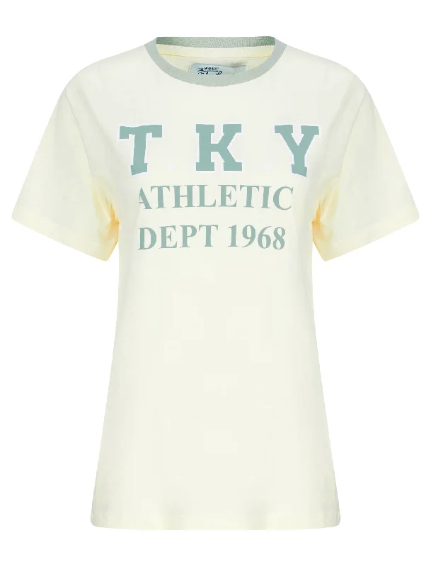 Daisy Motif Cotton Jersey Ringer T-Shirt in Eggnog - Tokyo Laundry Graphic Embroidered Appliqued