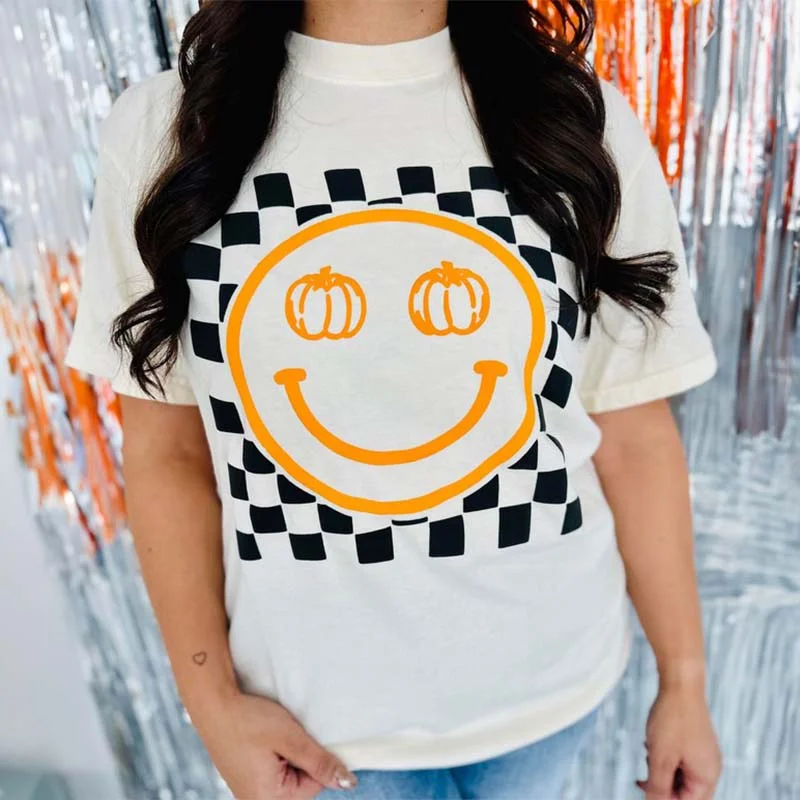 Checkered Smile Pumpkin Short Sleeve T-Shirt Collared T-Shirt Boat Neck A-Line