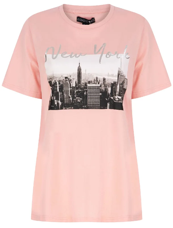 Empire New York Motif Cotton T-Shirt with Silver Foil Detail in Powder Pink - Weekend Vibes Lace Blend Ribbed Blend Corduroy Blend