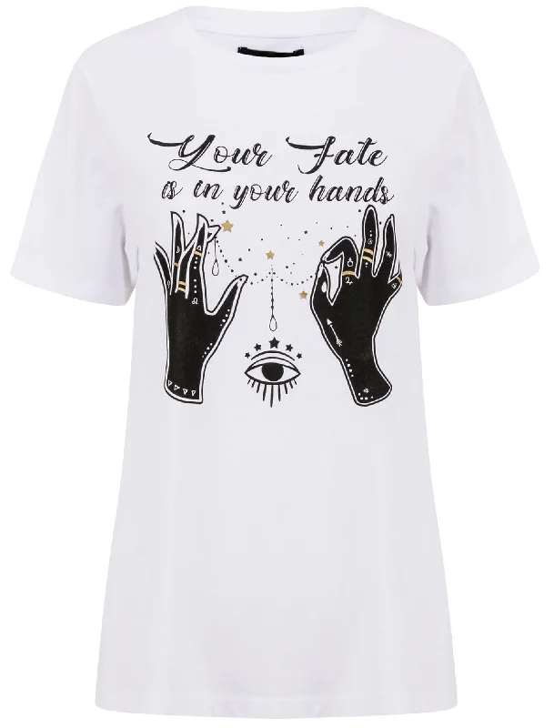 Fate In Your Hands Motif Cotton T-Shirt in Bright White - Weekend Vibes Graphic Embroidered Appliqued