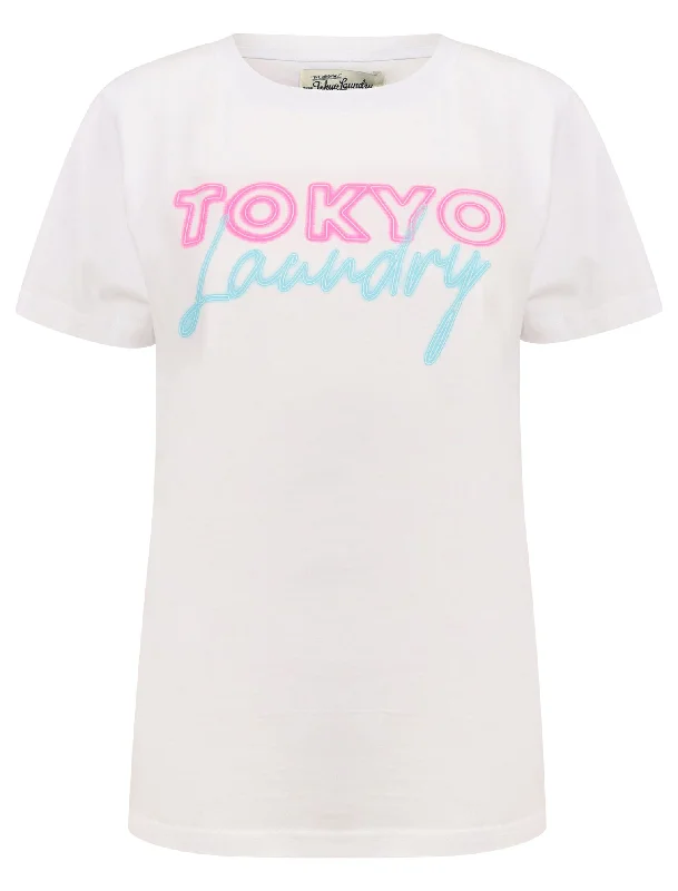 Galilea Neon Lettering Motif Cotton Jersey T-Shirt in Bright White - Tokyo Laundry Hooded Caped Shawl Collar