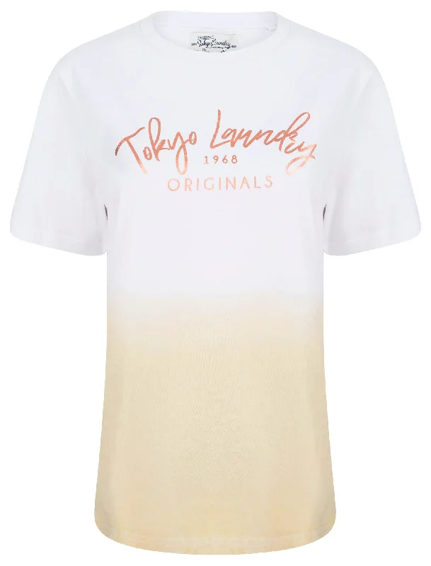 Inca Rose Gold Foil Motif Dip Dye Cotton Jersey T-Shirt in Sandshell - Tokyo Laundry Jersey Fabric Tulle Fabric Batik Fabric