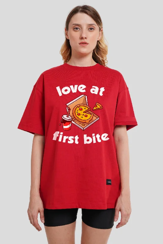 Love At First Bite Red Printed T-Shirt Women Oversized Fit Solid Print Embellished