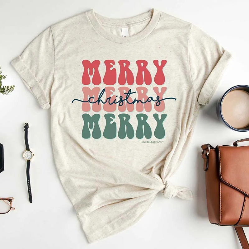 Merry Merry Christmas Short Sleeve T-Shirt Notch Collar Peter Pan Collar Cowl Neck