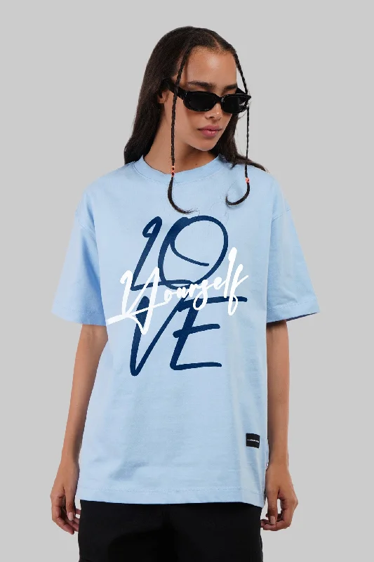 Love Yourself Powder Blue Oversized Fit T-Shirt Women Terry Blend Velvet Blend Canvas Blend