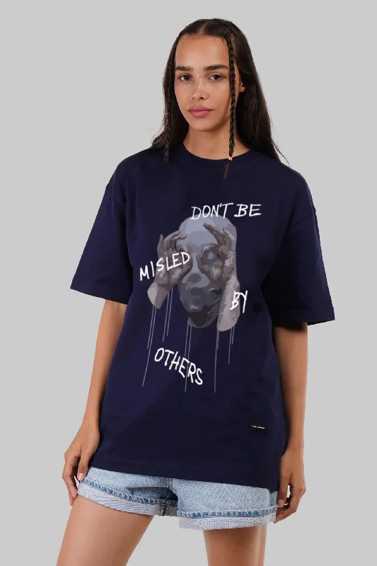 Not Be Misled By Others Navy Blue Printed T-Shirt Women Oversized Fit Welt Pockets Slit Pockets