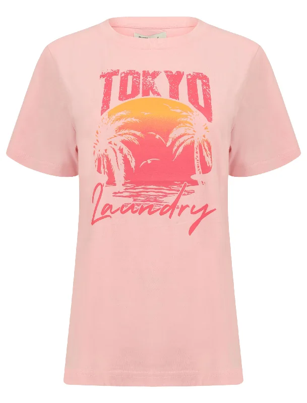 Palma Sunset Motif Cotton Jersey T-Shirt in Rose Shadow - Tokyo Laundry Embroidered Appliqued Beaded