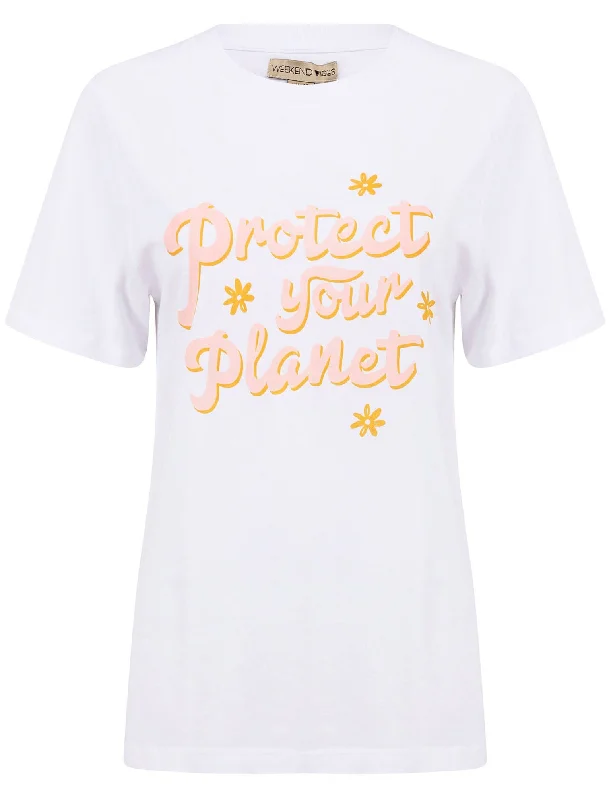 Protect Your Planet Slogan Motif Cotton T-Shirt in Bright White - Weekend Vibes Seamless Knitted Crochet