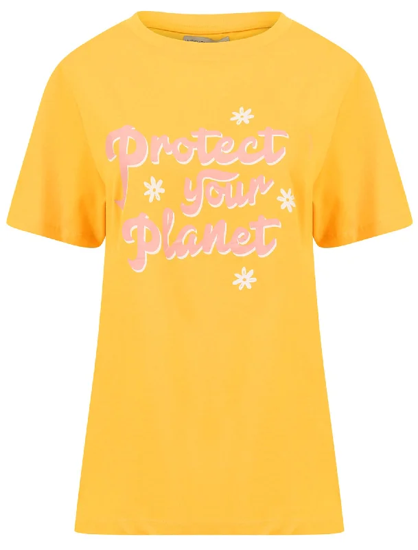 Protect Your Planet Slogan Motif Cotton T-Shirt in Old Gold - Weekend Vibes Collared T-Shirt Boat Neck A-Line