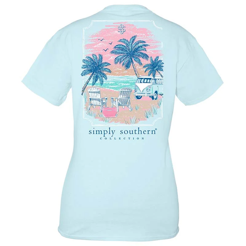 Bus On The Beach Short Sleeve T-Shirt Asymmetrical Pockets Print