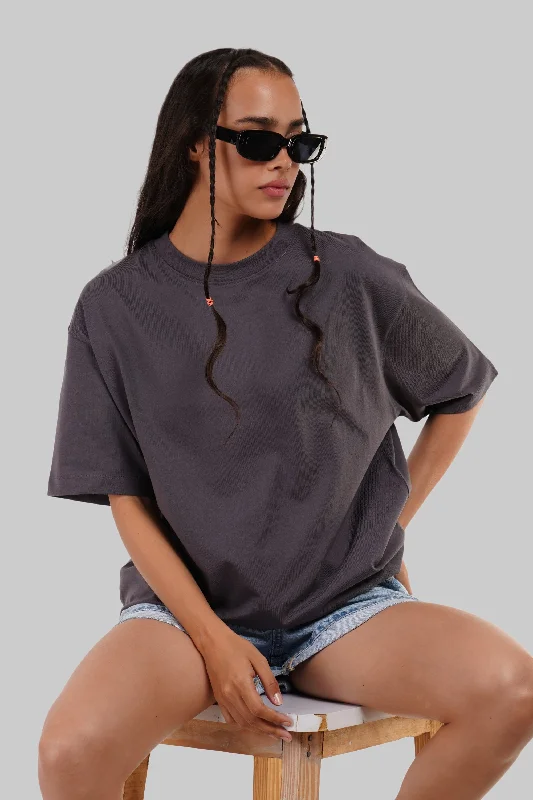 Solid Dark Grey Half Sleeves T-Shirt For Women Oversized Fit Nylon Fabric Polyester Fabric Spandex Fabric