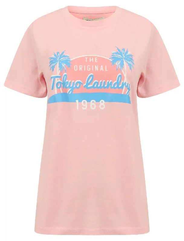 Soller Palm Motif Cotton Jersey T-Shirt in Rose Shadow - Tokyo Laundry Thin T-Shirt Open Front Quick Dry