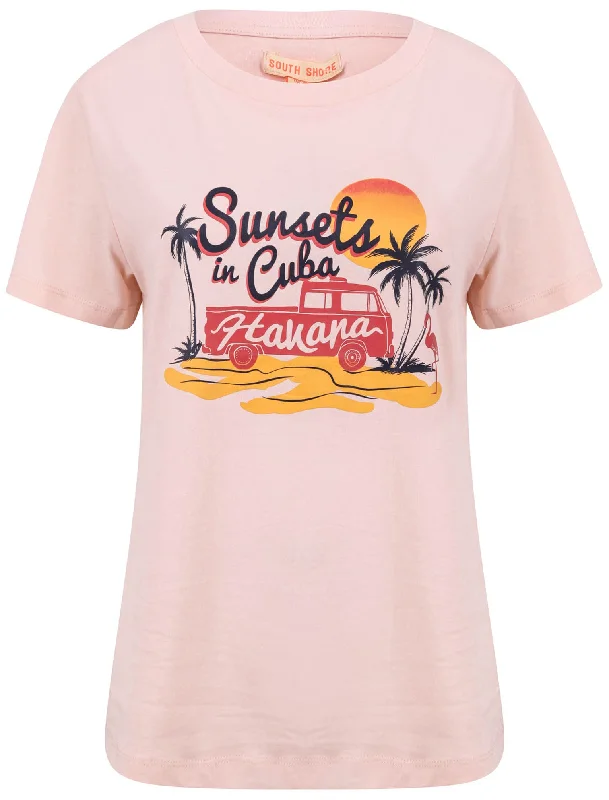 Sunsets Motif Cotton Crew Neck T-Shirt in English Rose - South Shore Fleece Nylon Spandex