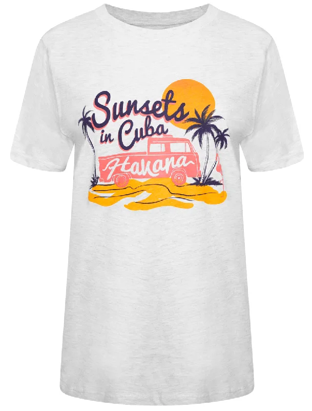 Sunsets Motif Cotton Crew Neck T-Shirt in White Grey Marl - South Shore Anti-Pilling Machine Wash Handmade