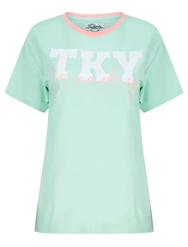 TKY Motif Cotton Jersey Ringer T-Shirt in Surf Spray Mint - Tokyo Laundry Machine Wash Dry Clean Hand Wash