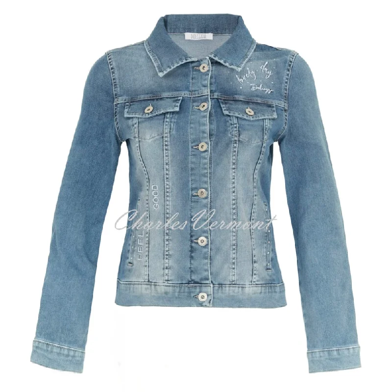 Dolcezza 'Feel Good' Denim Jacket With Diamante Detail - Style 24306 A-Line Jacket Boat Neck Shawl Collar