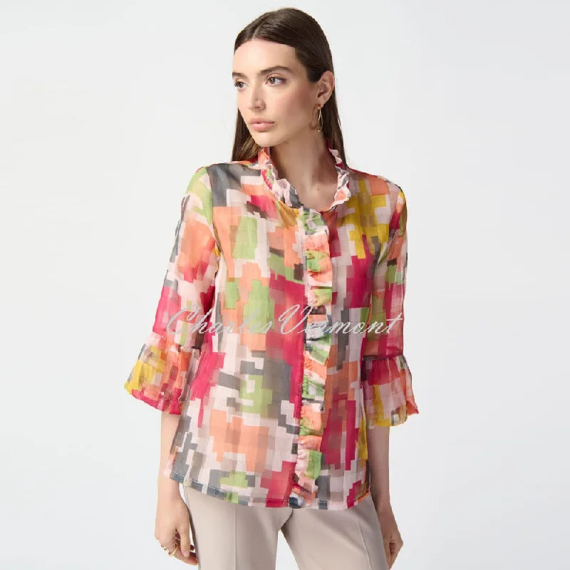 Joseph Ribkoff Geometric Print Ruffle Jacket - Style 241222 One-Shoulder Jacket Off-the-Shoulder Jacket Asymmetrical Jacket