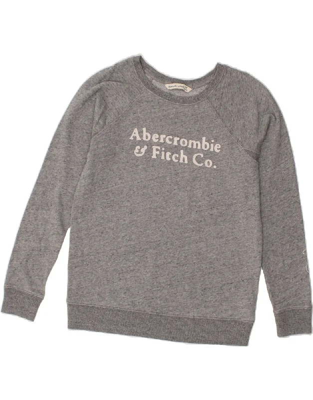 ABERCROMBIE & FITCH Womens Graphic Sweatshirt Jumper UK 14 Medium Grey Hoodie with Elastic Cuffs Stretchable Comfortable