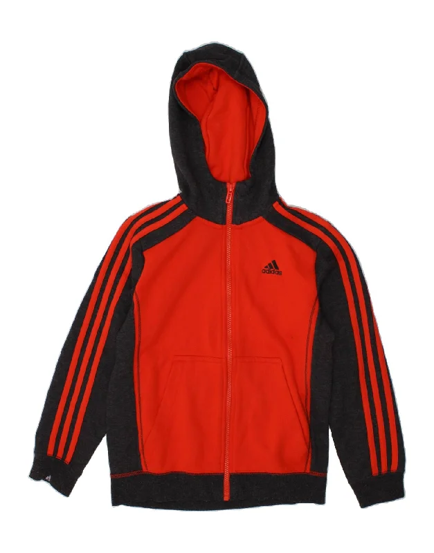 ADIDAS Boys Climalite Zip Hoodie Sweater 9-10 Years Red Colourblock Cotton Hoodie with Hem Patch Decorative Personalized