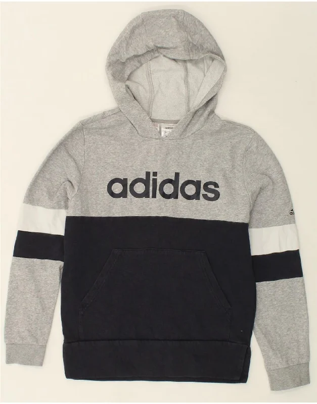 ADIDAS Boys Graphic Hoodie Jumper 13-14 Years Grey Colourblock Cotton Hoodie with Contrast Stitching Detailed Premium