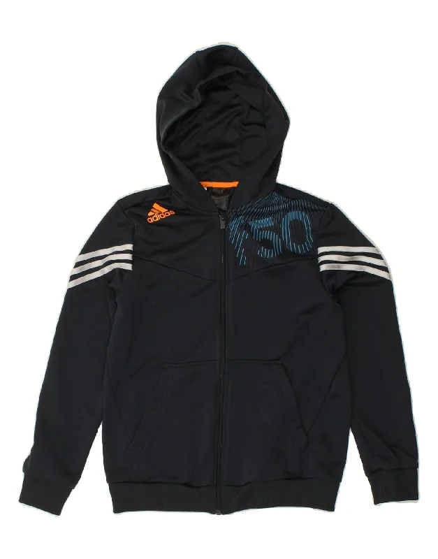 ADIDAS Boys Graphic Zip Hoodie Sweater 13-14 Years Navy Blue Polyester Hoodie with Mesh Breathable Sporty