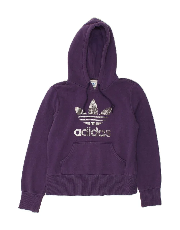 ADIDAS Womens Graphic Hoodie Jumper Eu 46 Large Purple Cotton Hoodie with Hem Lace Feminine Delicate