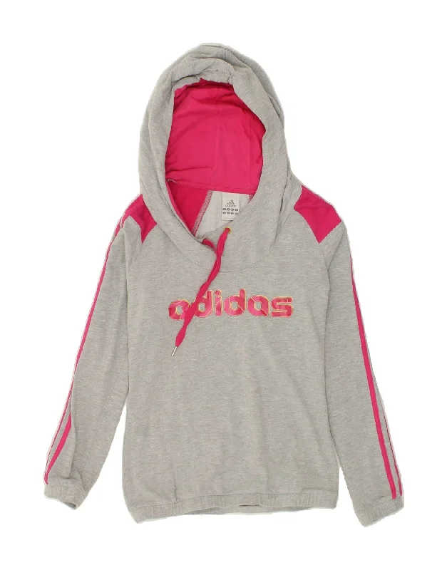 ADIDAS Womens Graphic Hoodie Jumper UK 10 Small Grey Colourblock Cotton Hoodie with Double Zipper Versatile Adjustable