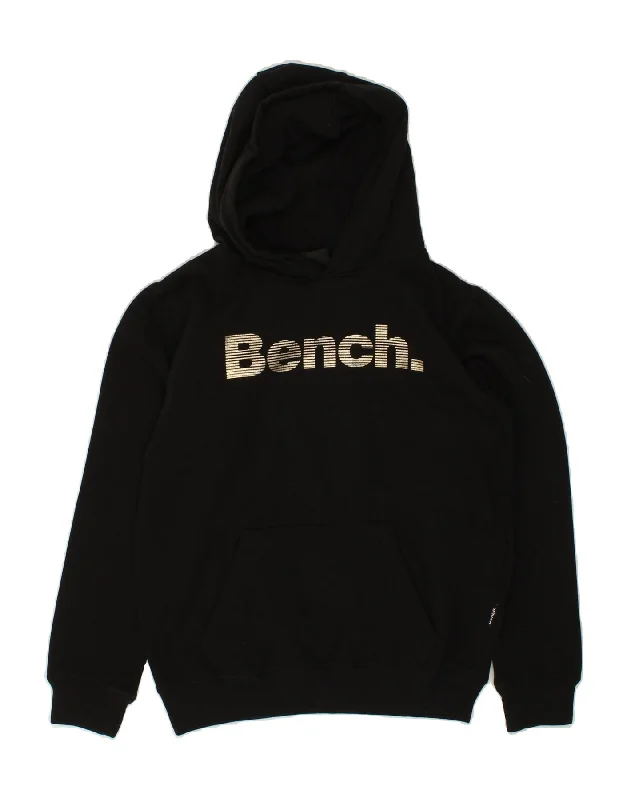 BENCH Boys Graphic Hoodie Jumper 15-16 Years Black Cotton Hoodie with Side Slits Relaxed Casual